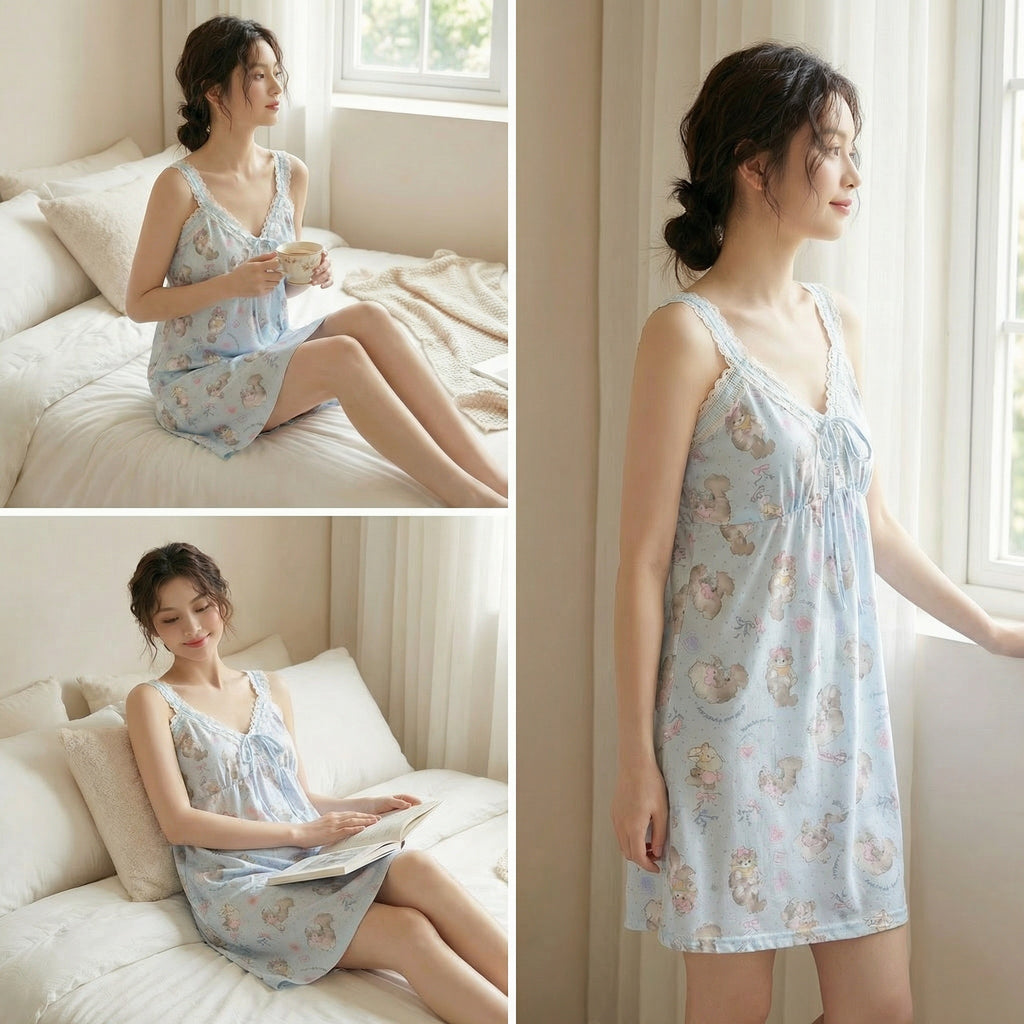 Lace Trim Camisole Sleep Dress – Soft Blue